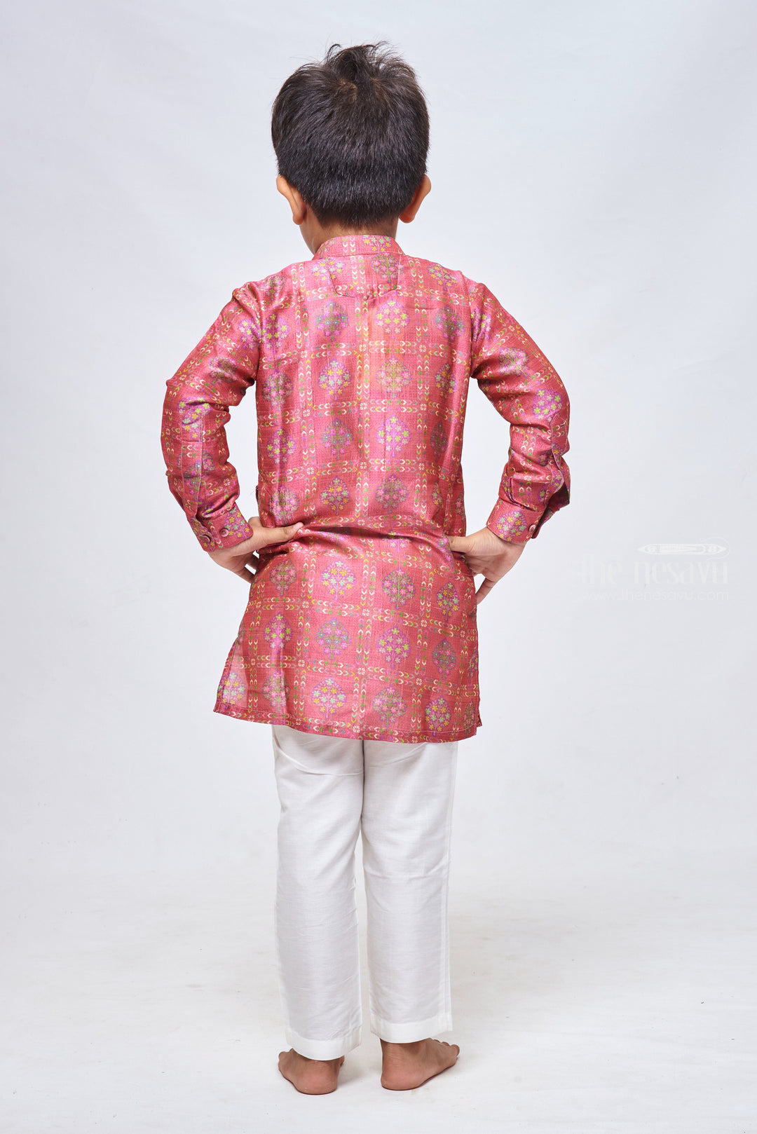 The Nesavu Boys Kurtha Set Floral Elegance in Red: Mandarin Collar Kurta & Pant Duo Nesavu Latest Boys Kurta Collection | Boys Festive Wear | the Nesavu