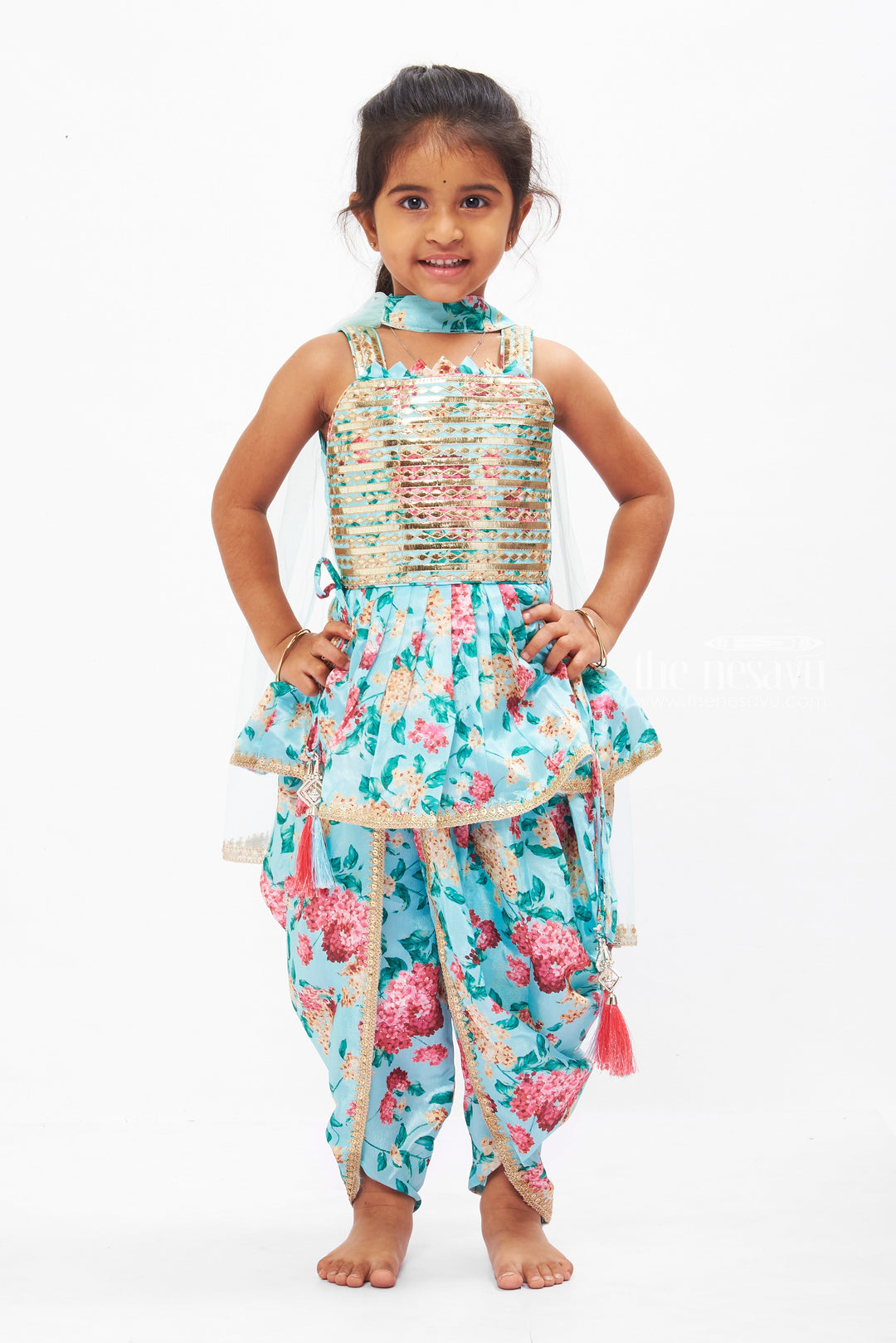 The Nesavu Girls Dothi Sets Floral Elegance Kurti with Dhoti Pant Set for Girls Nesavu 16 (1Y) / Green GPS271A-16 Girls Floral Kurti and Dhoti Pant Ensemble | Chic Traditional Kids Wear | The Nesavu