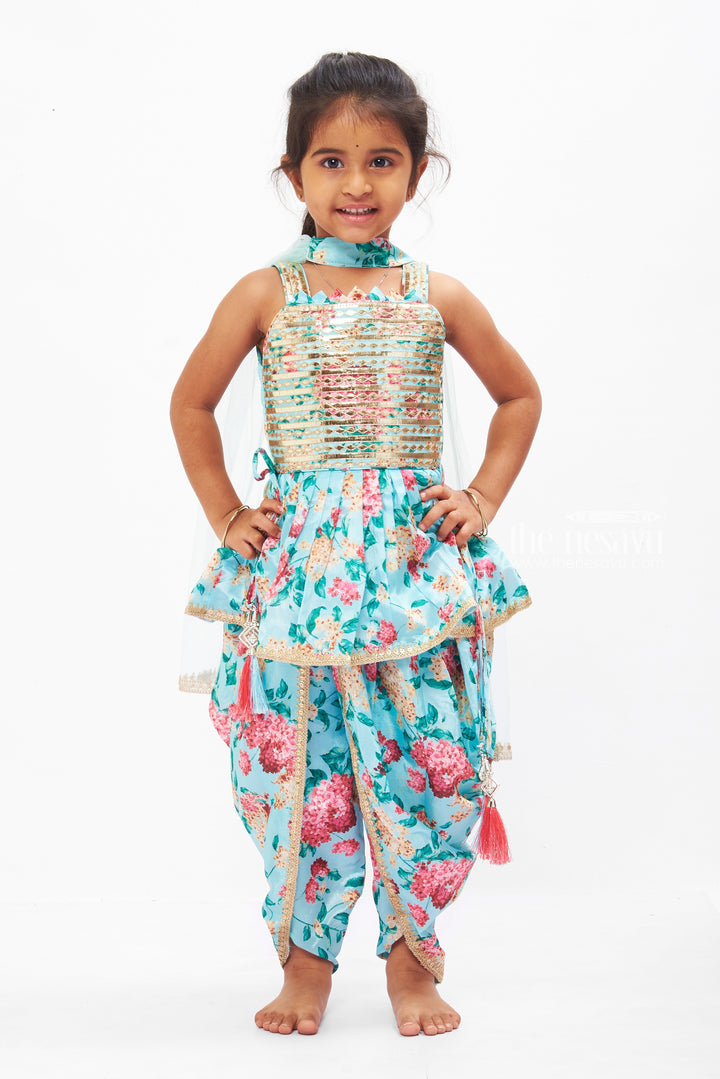 The Nesavu Girls Dothi Sets Floral Elegance Kurti with Dhoti Pant Set for Girls Nesavu 16 (1Y) / Green GPS271A-16 Girls Floral Kurti and Dhoti Pant Ensemble | Chic Traditional Kids Wear | The Nesavu