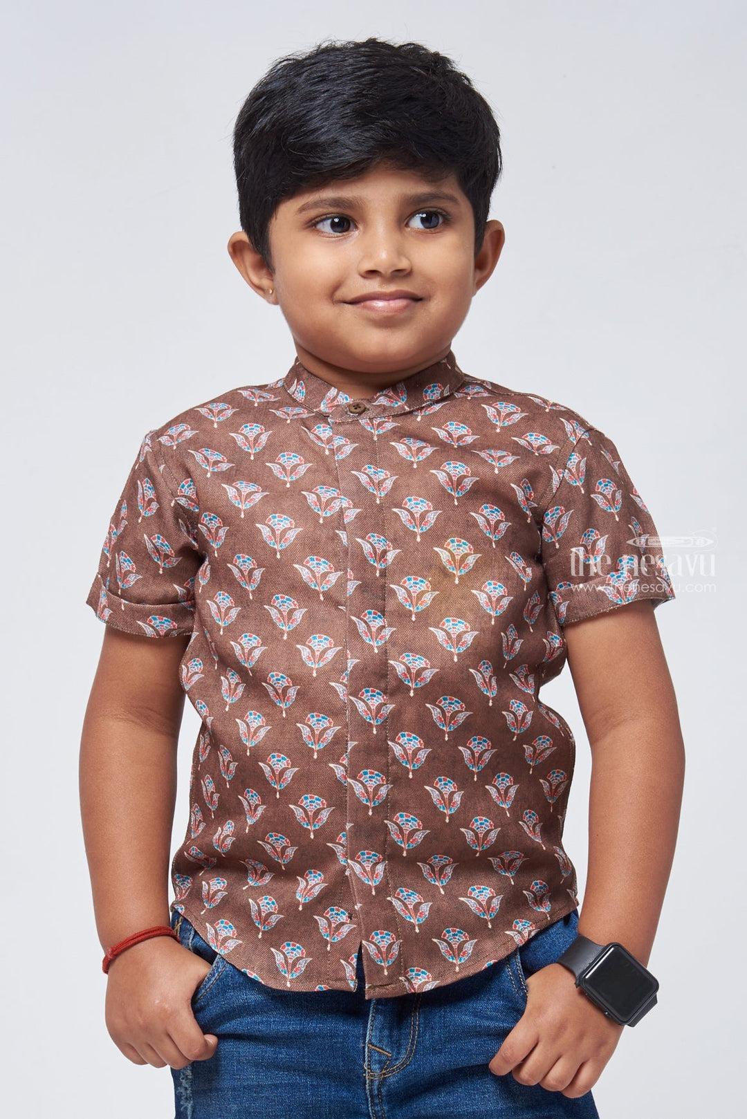 The Nesavu Boys Linen Shirt Floral Elegance: Linen Boys' Shirt with Nature-Inspired Print for a Sophisticated Touch Nesavu 14 (6M) / Brown / Linen BS056-14 Nature Inspired Printed Shirt | Casual Shirt for Boys | The Nesavu