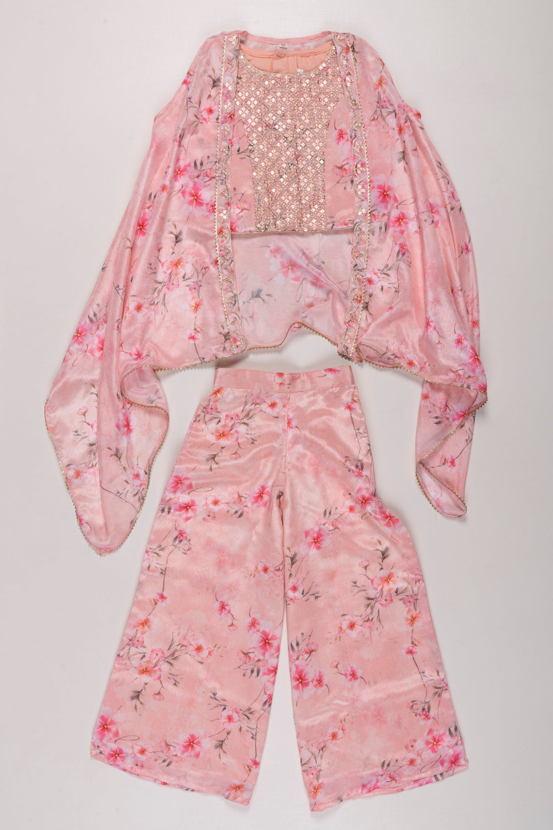 The Nesavu Girls Sharara / Plazo Set Floral Embellished Crop Top & Palazzo Set with Designer Overcoat for Girls Nesavu 22 (4Y) / Pink GPS264B-22 Girls Designer Overcoat and Palazzo Set | Floral Embellished Ethnic Outfit | The Nesavu