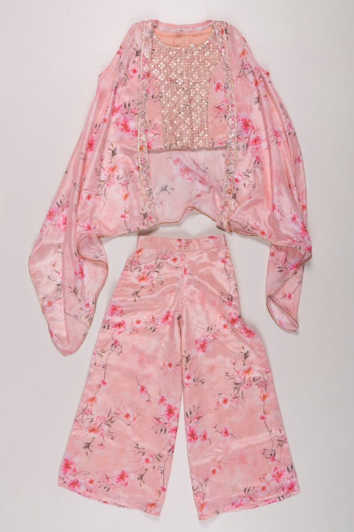 The Nesavu Girls Sharara / Plazo Set Floral Embellished Crop Top & Palazzo Set with Designer Overcoat for Girls Nesavu 22 (4Y) / Pink GPS264B-22 Girls Designer Overcoat and Palazzo Set | Floral Embellished Ethnic Outfit | The Nesavu