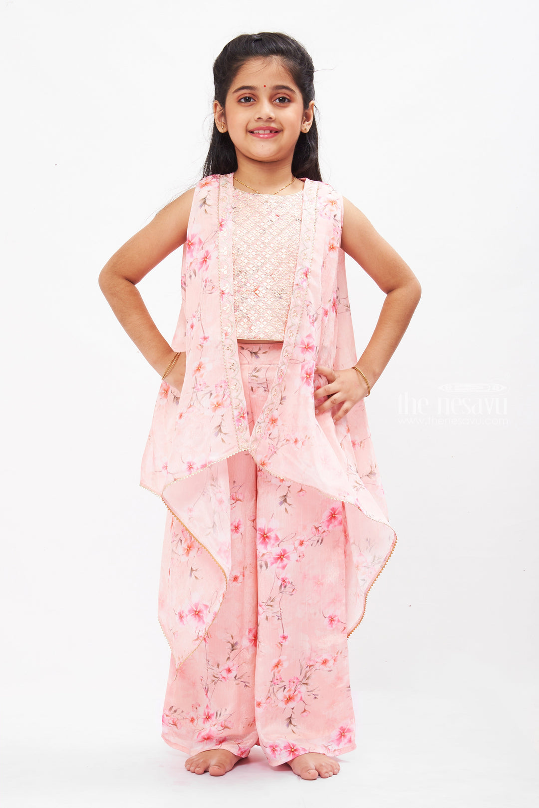 The Nesavu Girls Sharara / Plazo Set Floral Embellished Crop Top & Palazzo Set with Designer Overcoat for Girls Nesavu 22 (4Y) / Pink GPS264B-22 Girls Designer Overcoat and Palazzo Set | Floral Embellished Ethnic Outfit | The Nesavu