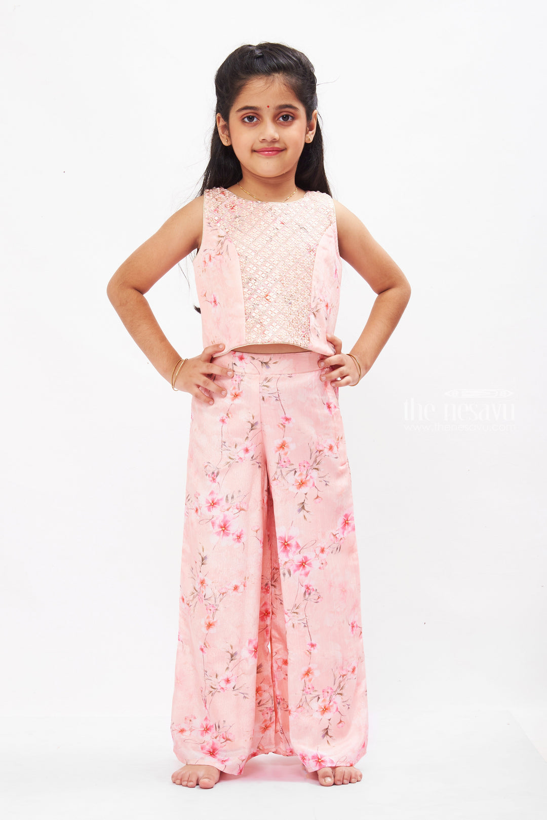 The Nesavu Girls Sharara / Plazo Set Floral Embellished Crop Top & Palazzo Set with Designer Overcoat for Girls Nesavu Girls Designer Overcoat and Palazzo Set | Floral Embellished Ethnic Outfit | The Nesavu