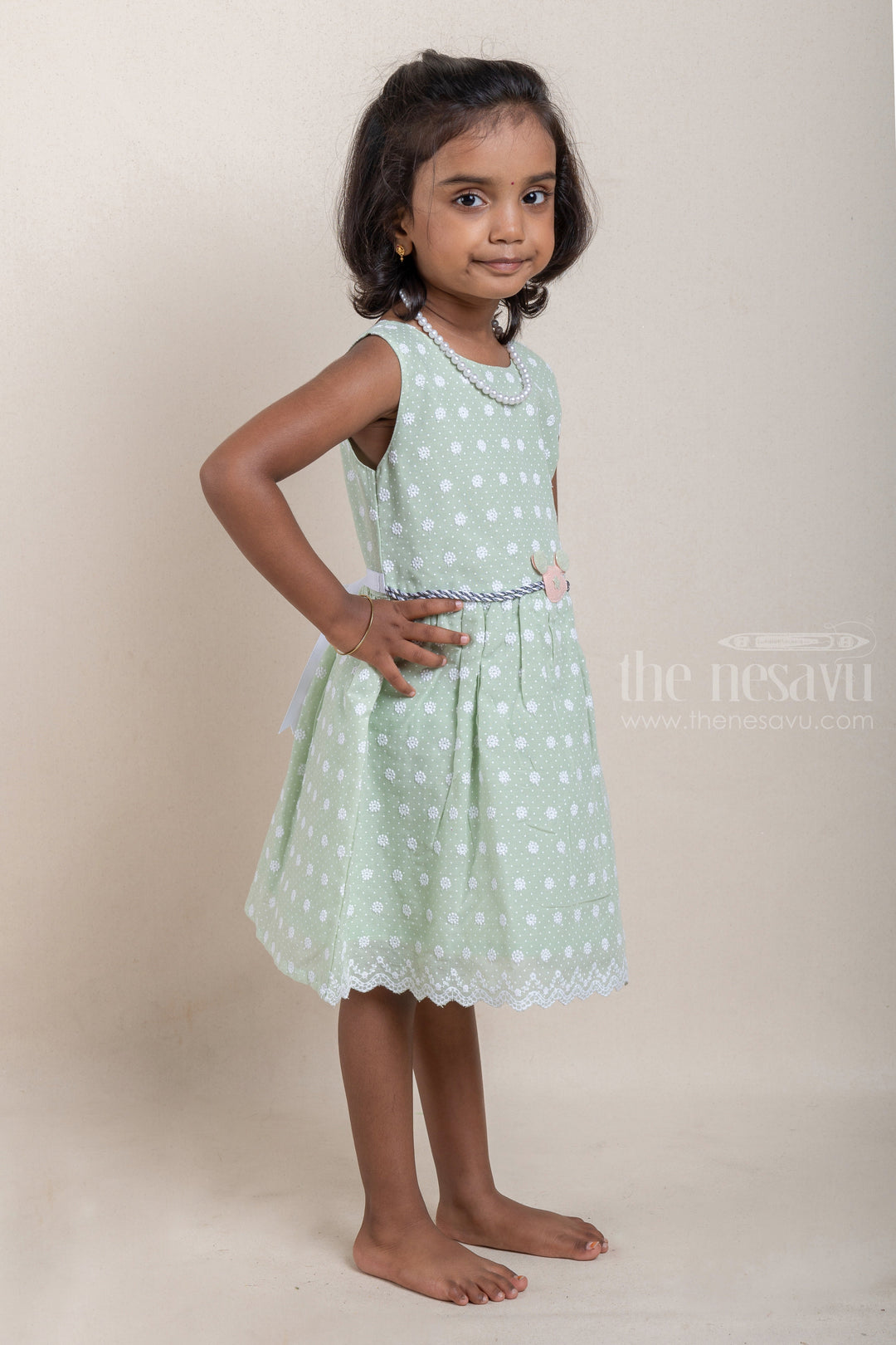 The Nesavu Baby Cotton Frocks Floral Embroidered and Polka Dots Printed Green Bamboo Cotton Frock For Baby Girls Nesavu Floral Embroidered and Polka Dots Printed Green Bamboo Cotton Baby Frock | The Nesavu