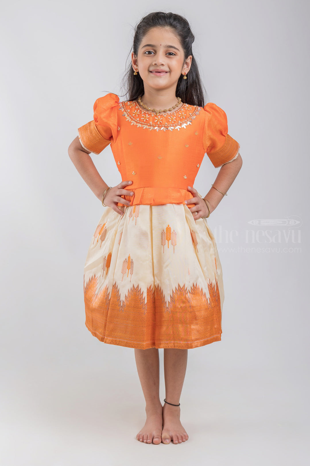 The Nesavu Silk Party Frock Floral Embroidered Box Pleated Banarasi Petite Diva Reshme Gown psr silks Nesavu 16 (1Y) / Orange / Jacquard SF659