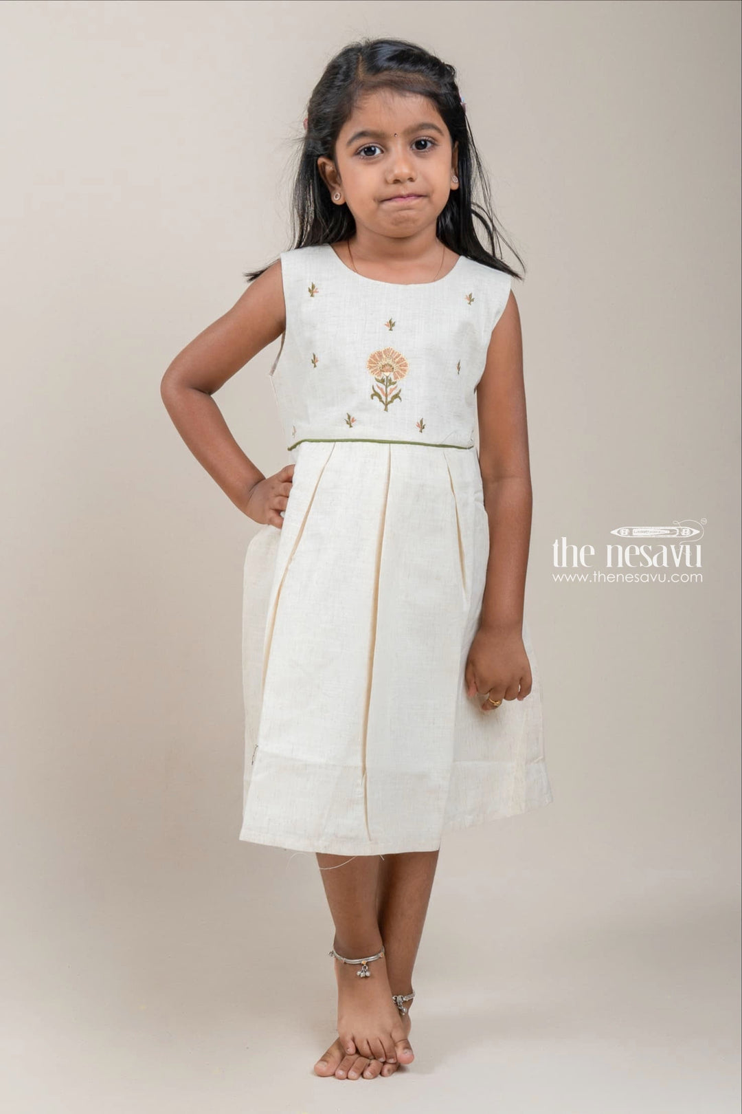 The Nesavu Girls Cotton Frock Floral Embroidered Box Pleated Sleeveless Half White Cotton Frock for Girls Nesavu 16 (1Y) / Half White / Cotton GFC1057A-16 Floral Embroidered Box Pleated Sleeveless Beige Cotton Frock for Girls | The Nesavu