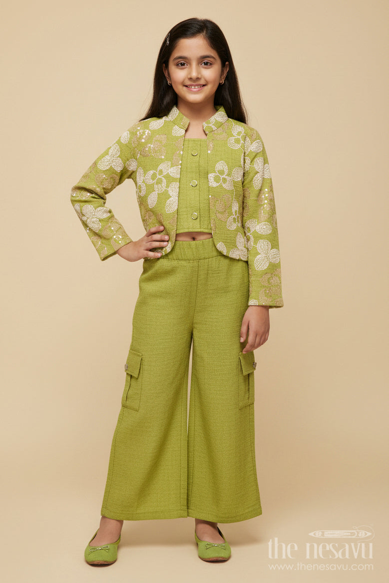 The Nesavu Girls Co-Ord Sets Floral Embroidered Girls Co-Ord Set with Jacket Perfect for Ethnic School Events and Festive Days Nesavu 24 (5Y) / Green GPS638B-24 Nesavu girls floral embroidered co-ord set jacket festive school ethnic day ready outfit