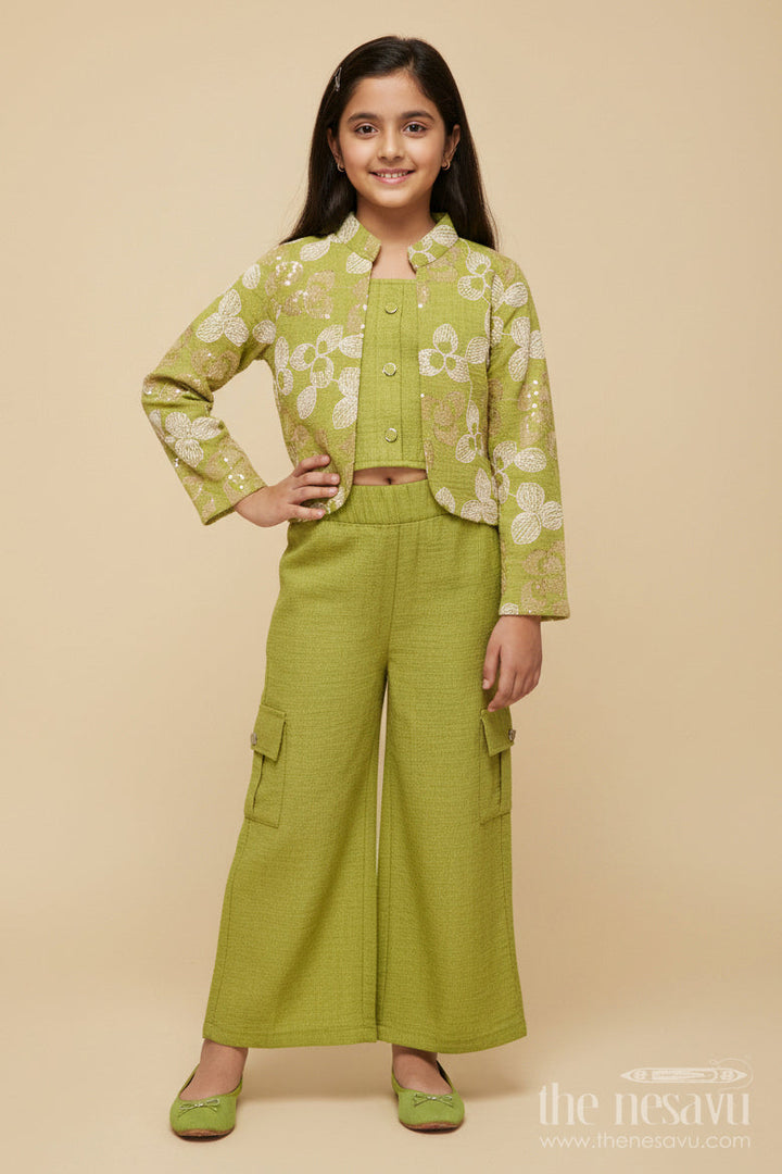 The Nesavu Girls Co-Ord Sets Floral Embroidered Girls Co-Ord Set with Jacket Perfect for Ethnic School Events and Festive Days Nesavu 24 (5Y) / Green GPS638B-24 Nesavu girls floral embroidered co-ord set jacket festive school ethnic day ready outfit