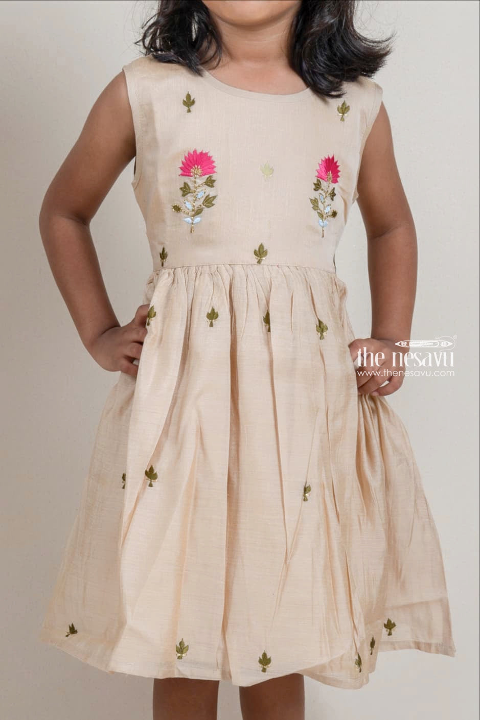 The Nesavu Girls Fancy Frock Floral Embroidered Sleeveless Beige Cotton Frock for Girls Nesavu Floral Embroidered Sleeveless Beige Cotton Frock for Girls | Buy Online at The Nesavu