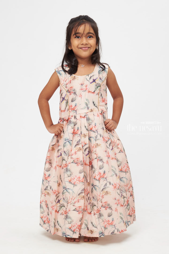 The Nesavu Girls Silk Gown Floral Fantasy Ensemble with Crimson Jacket and Pastel Bird-Imprint Girls Anarkali Gown Nesavu Tradition Reinvented: Anarkali Sets with Contemporary Overcoats | The Nesavu