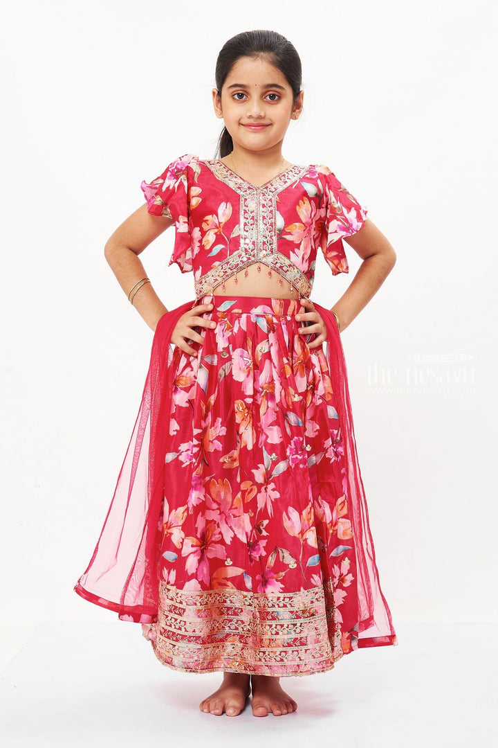 The Nesavu Girls Lehenga Choli Floral Fantasy Ghagra Choli Set for Girls - Trendsetting Traditional Attire Nesavu 16 (1Y) / Pink / Chinnon GL436A-16 Girls Modern Floral Ghagra Choli | Perfect Blend of Tradition & Style | The Nesavu