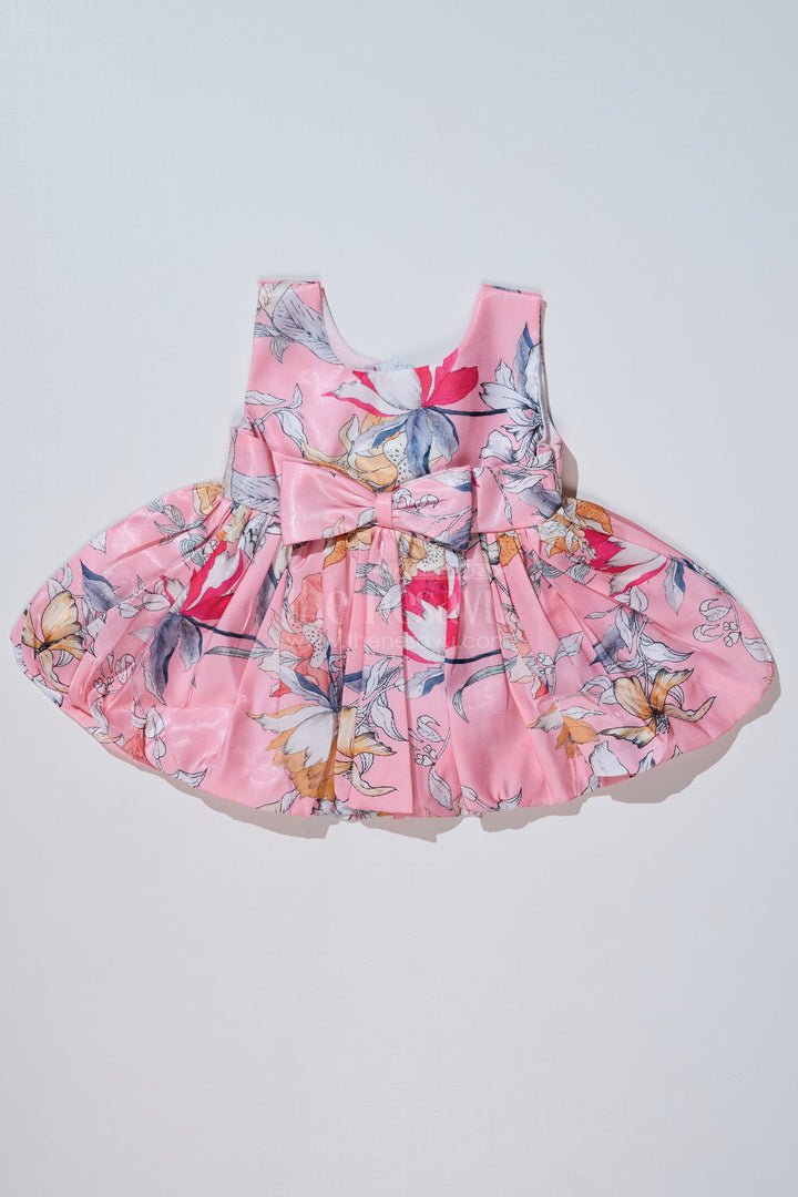 The Nesavu Baby Fancy Frock Floral Frock Knee Length for Baby Girls in Glaza Satin with Bow Waist Detail Nesavu 14 (6M) / Pink BFJ728A-14 Nesavu Floral Frock Knee Length Baby Girls Glaza Satin Bow Waist Detail