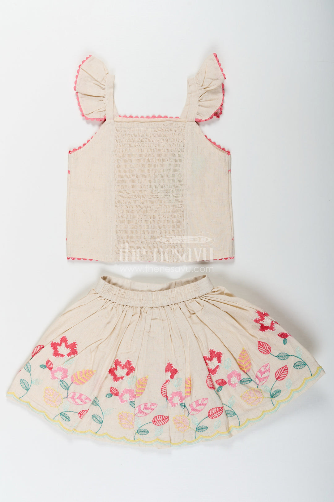 The Nesavu Baby Cotton Frocks Floral Frock Suit for Babies in Soft Cotton with Embroidered Skirt and Cute Ruffle Strap Top Nesavu Nesavu Baby Girls Floral Frock Suit Cotton Colorful Embroidered Skirt Ruffle Strap Top