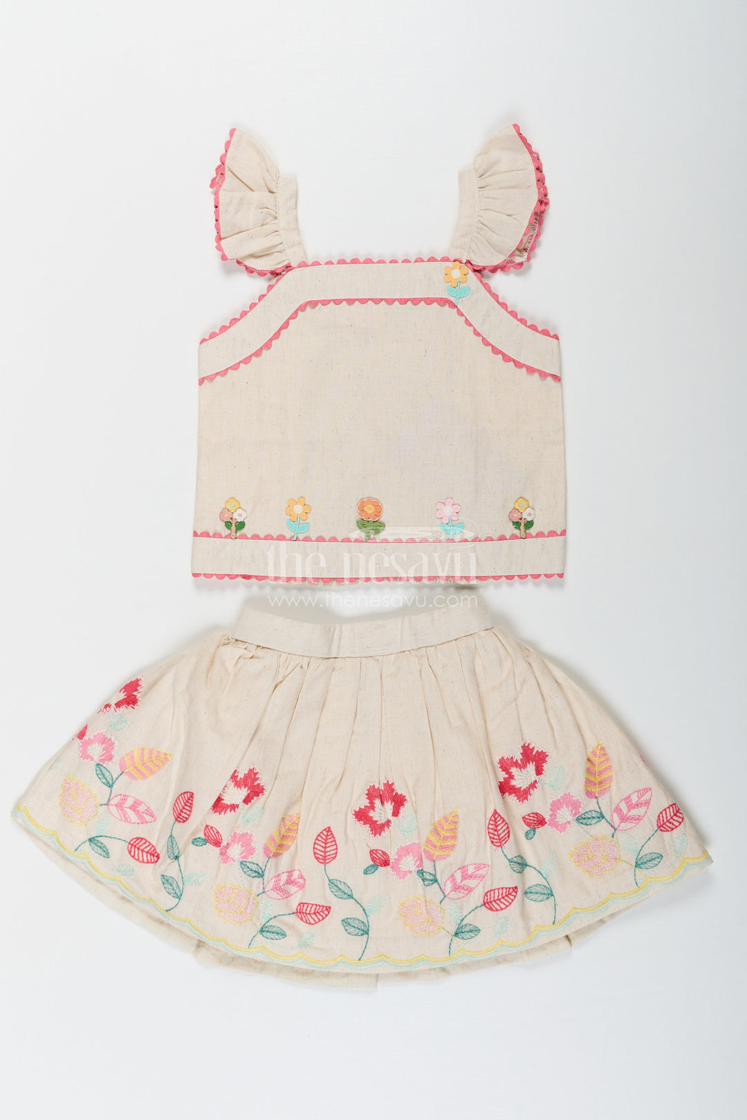 The Nesavu Baby Cotton Frocks Floral Frock Suit for Babies in Soft Cotton with Embroidered Skirt and Cute Ruffle Strap Top Nesavu Nesavu Baby Girls Floral Frock Suit Cotton Colorful Embroidered Skirt Ruffle Strap Top