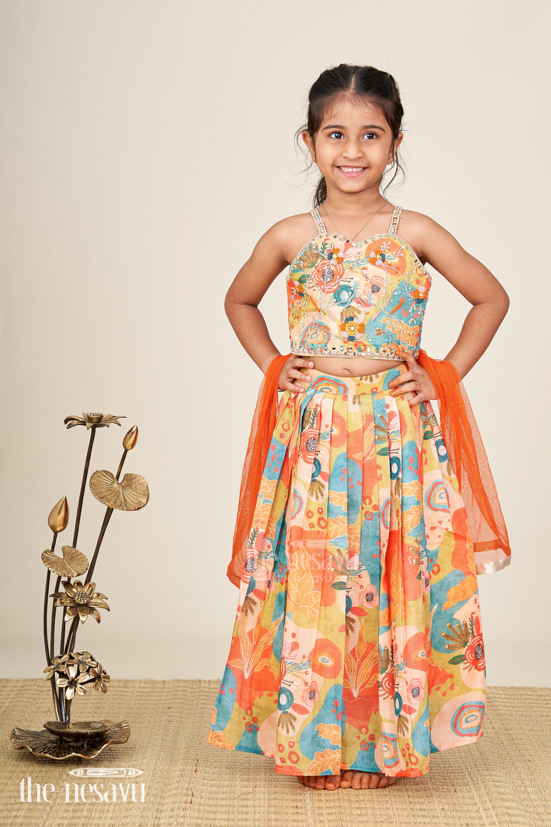 The Nesavu Girls Lehenga Choli Floral Ghagra For Girls Mirror Work Family Function Wear Nesavu 16 (1Y) / Multicolor GL736A-16 Nesavu Kids Floral Ghagra Lehenga Embroidered Top Dupatta Engagement Family Occasions