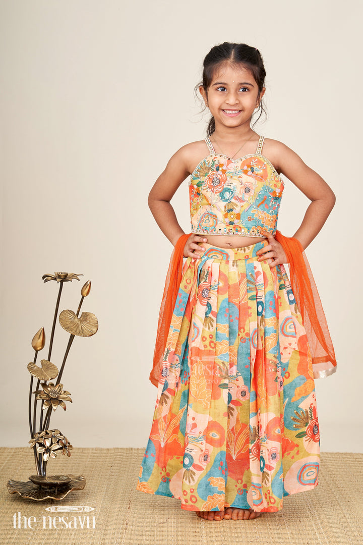 The Nesavu Girls Lehenga Choli Floral Ghagra For Girls Mirror Work Family Function Wear Nesavu 16 (1Y) / Multicolor GL736A-16 Nesavu Kids Floral Ghagra Lehenga Embroidered Top Dupatta Engagement Family Occasions