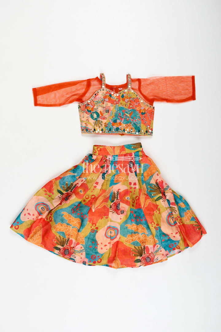 The Nesavu Girls Lehenga Choli Floral Ghagra for Girls Mirror Work Family Function Wear Nesavu Nesavu Kids Floral Ghagra Lehenga Embroidered Top Dupatta Engagement Family Occasions