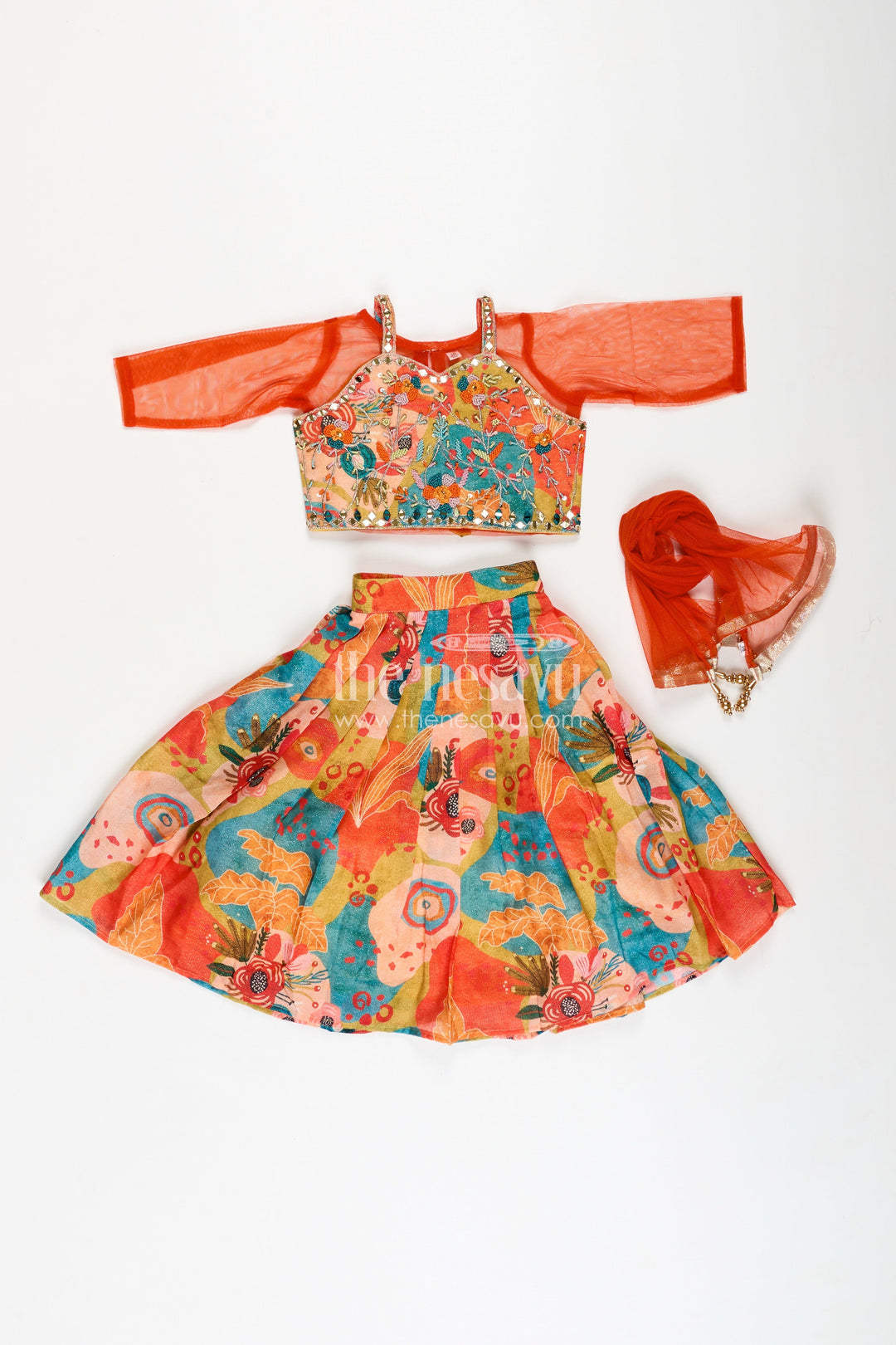 The Nesavu Girls Lehenga Choli Floral Ghagra for Girls Mirror Work Family Function Wear Nesavu Nesavu Kids Floral Ghagra Lehenga Embroidered Top Dupatta Engagement Family Occasions
