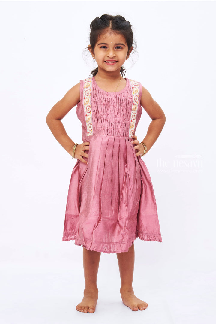 The Nesavu Girls Cotton Frock Floral Lace-Adorned Pink Pleated Cotton Frock for Girls Nesavu 16 (1Y) / Pink / Chanderi GFC1240A-16 Girls Pink Pleated Cotton Dress | Delicate Lace Trim | Stylish Comfort | The Nesavu