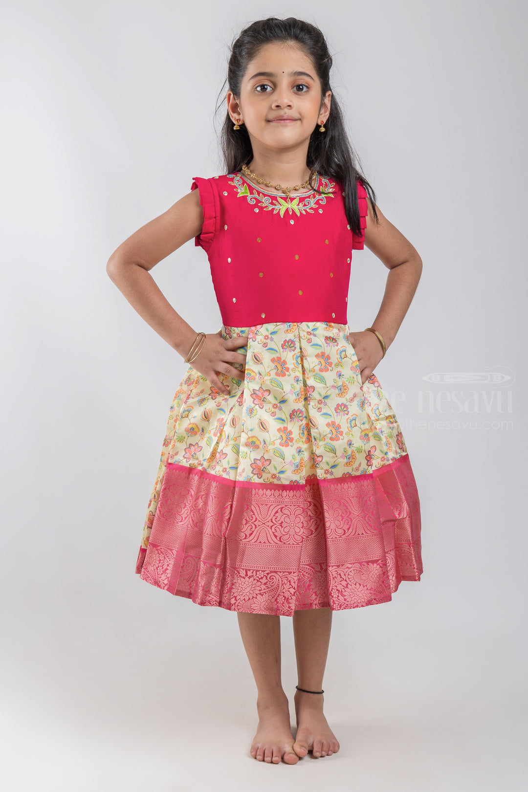 The Nesavu Silk Party Frock Floral Printed Banarasi Luxurious Paattu Frock for Special Occasions psr silks Nesavu 16 (1Y) / Red / Semi Silk SF658