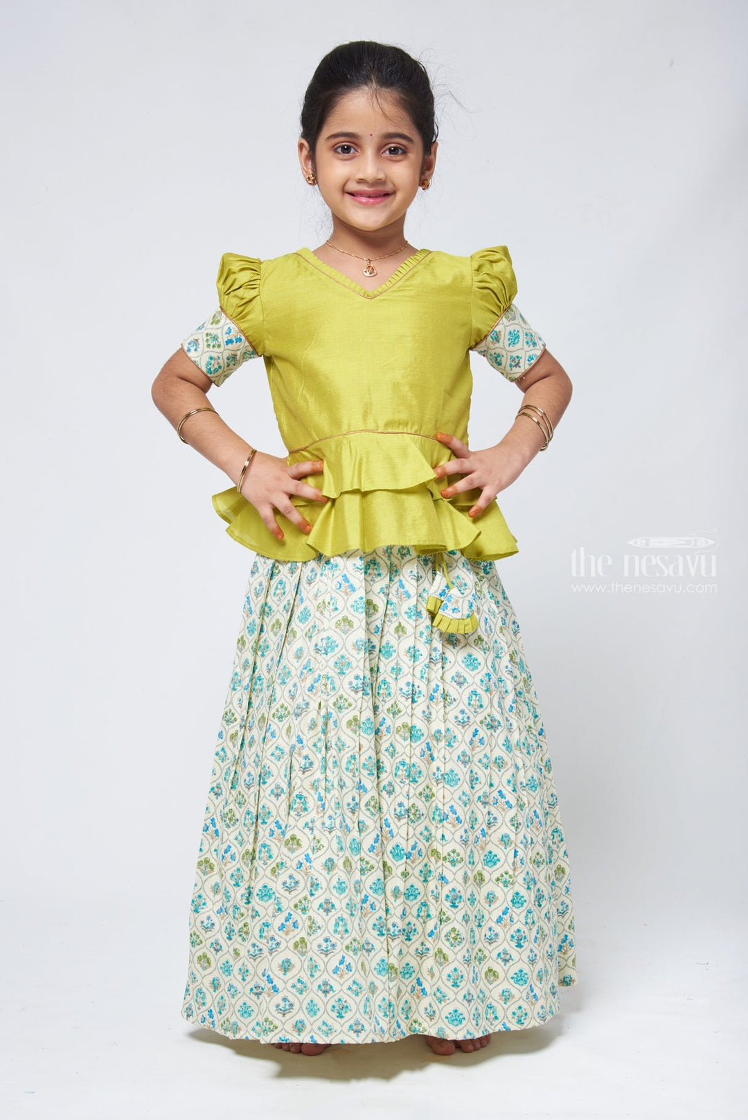The Nesavu Pattu Pavadai Floral Printed Beige Skirt with Green Jacquard Peplum Blouse Nesavu 16 (1Y) / Green GPP290B-16 New Kanchipuram Pattu Pavadai | Silk Dress for Girls | The Nesavu