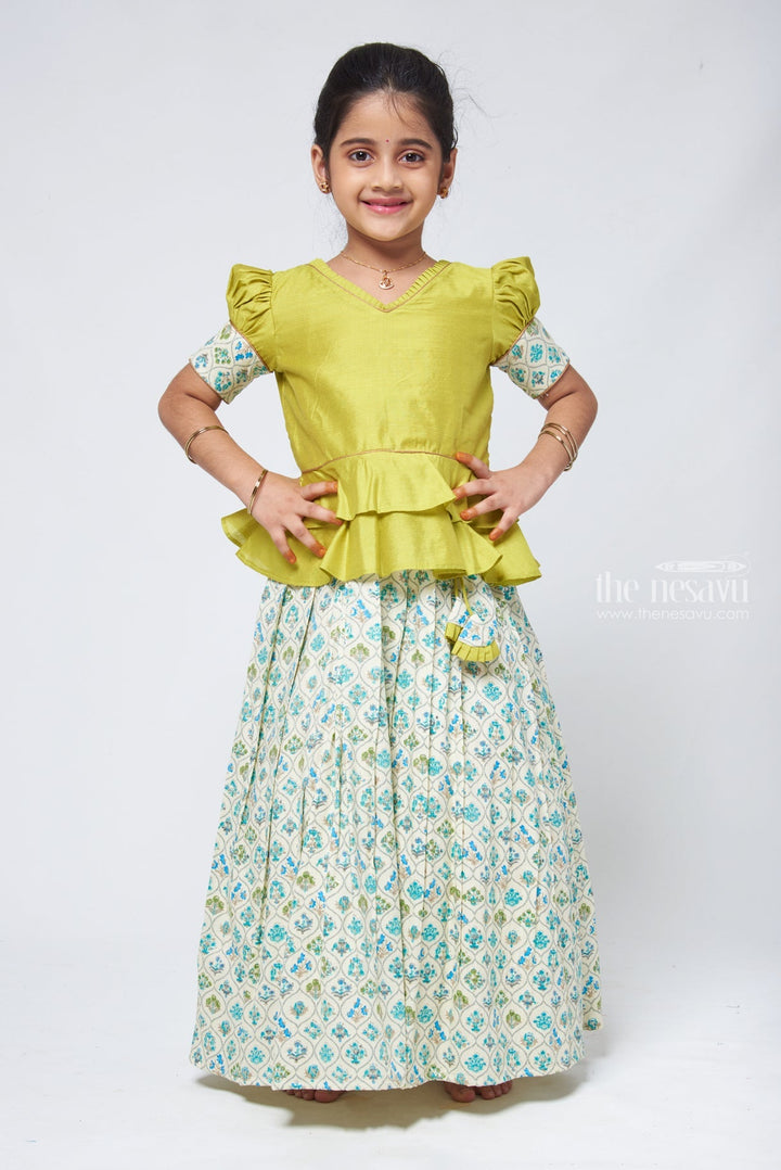 The Nesavu Pattu Pavadai Floral Printed Beige Skirt with Green Jacquard Peplum Blouse Nesavu 16 (1Y) / Green GPP290B-16 New Kanchipuram Pattu Pavadai | Silk Dress for Girls | The Nesavu