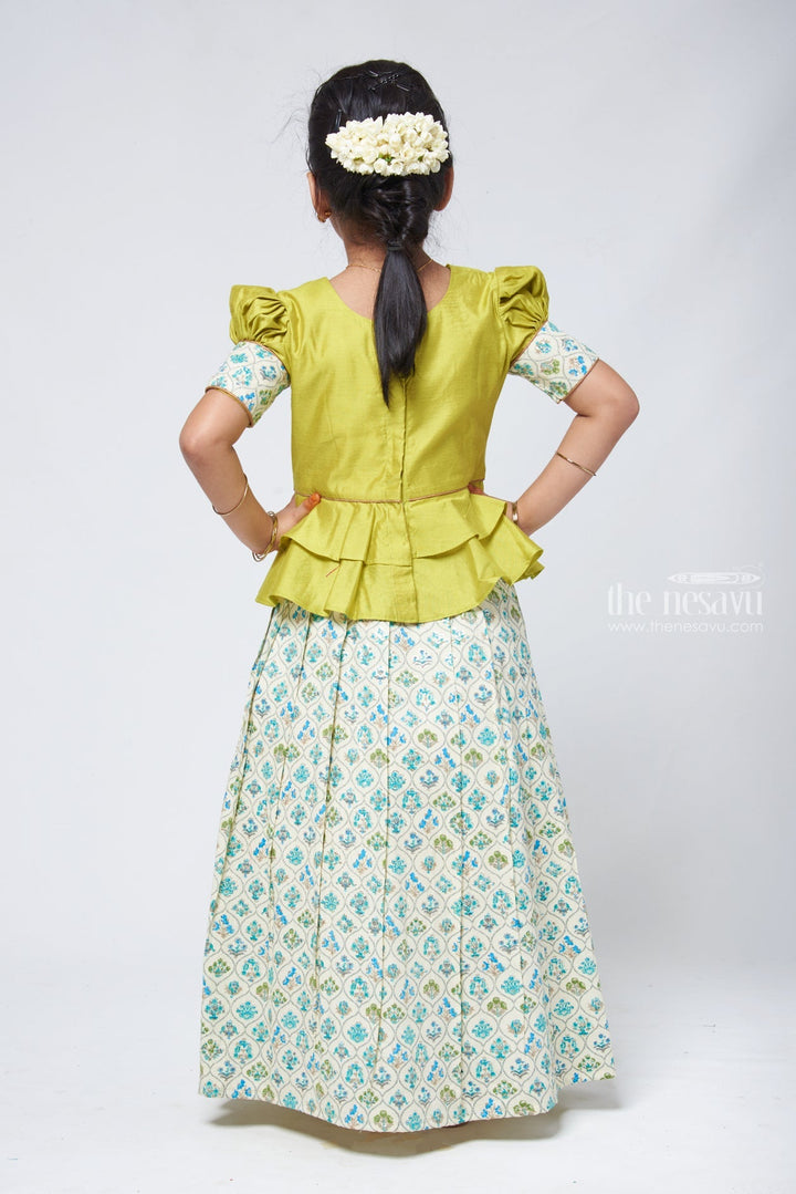 The Nesavu Pattu Pavadai Floral Printed Beige Skirt with Green Jacquard Peplum Blouse Nesavu New Kanchipuram Pattu Pavadai | Silk Dress for Girls | The Nesavu
