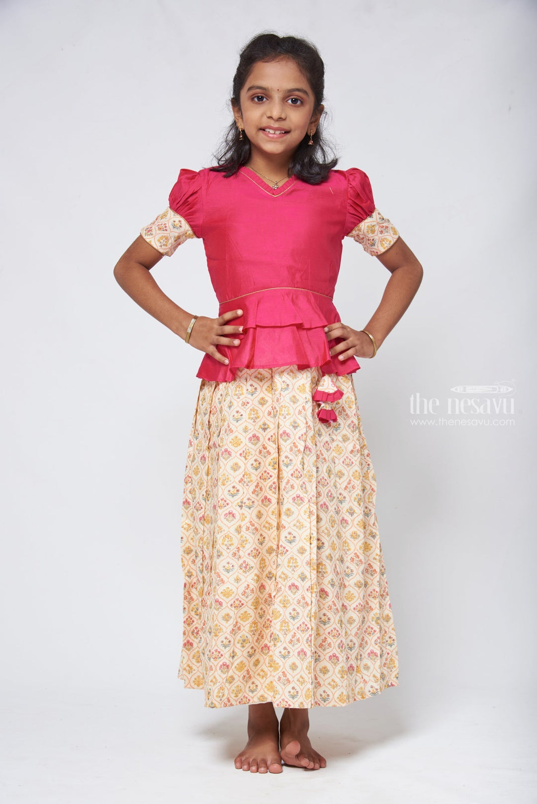 The Nesavu Pattu Pavadai Floral Printed Beige Skirt with Pink Jacquard Peplum Blouse Nesavu 16 (1Y) / Beige GPP290A-16 Kanchipuram Pattu Pavadai | Silk Dress for Girls | The Nesavu