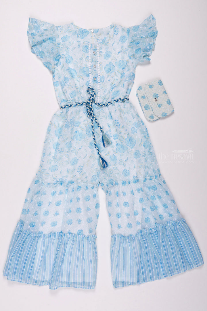 The Nesavu Girls Jumpsuit Floral Printed Blue Jumpsuit with Flare Sleeves: Modern Elegance for Girls Nesavu 24 (5Y) / Blue / Georgette GPS182A-24 Jumpsuit for Little Girls | latest Designer Dresses | The Nesavu