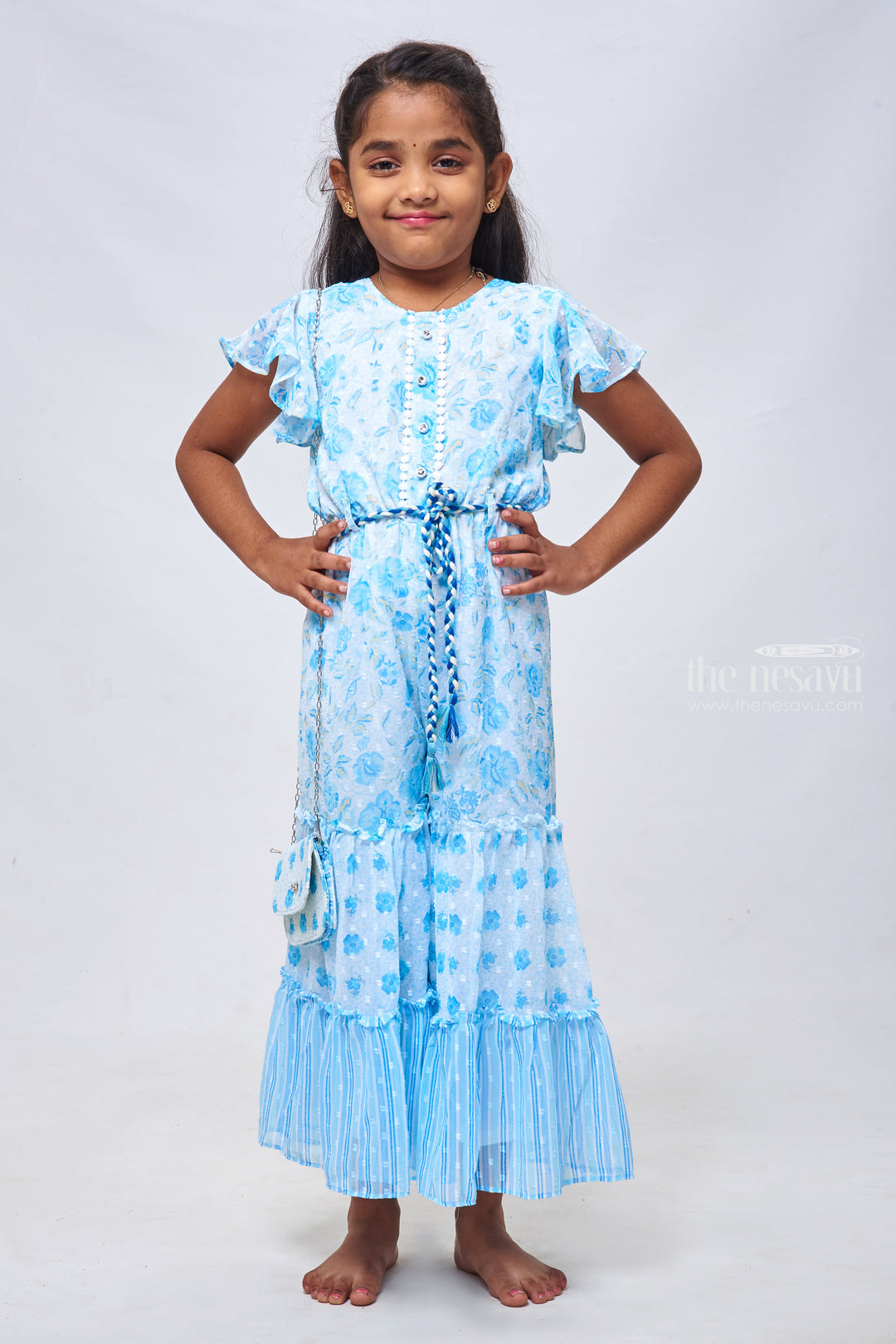 The Nesavu Girls Jumpsuit Floral Printed Blue Jumpsuit with Flare Sleeves: Modern Elegance for Girls Nesavu 24 (5Y) / Blue / Georgette GPS182A-24 Jumpsuit for Little Girls | latest Designer Dresses | The Nesavu