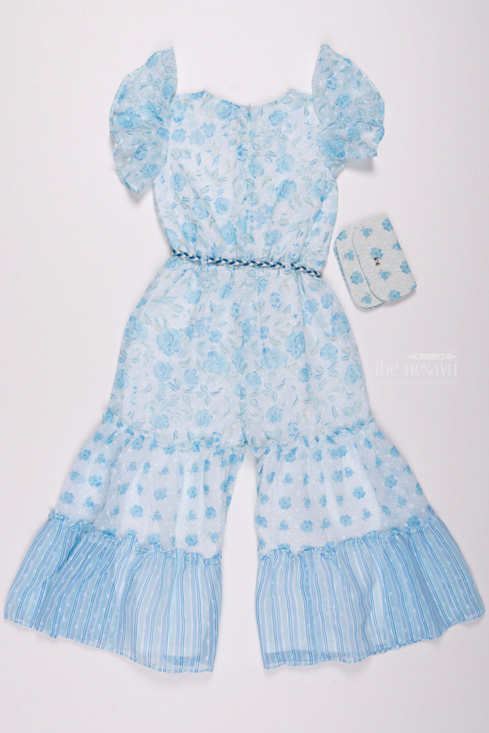 The Nesavu Girls Jumpsuit Floral Printed Blue Jumpsuit with Flare Sleeves: Modern Elegance for Girls Nesavu Jumpsuit for Little Girls | latest Designer Dresses | The Nesavu