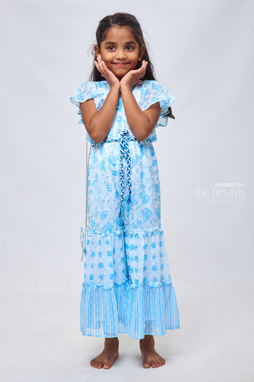 The Nesavu Girls Jumpsuit Floral Printed Blue Jumpsuit with Flare Sleeves: Modern Elegance for Girls Nesavu Jumpsuit for Little Girls | latest Designer Dresses | The Nesavu