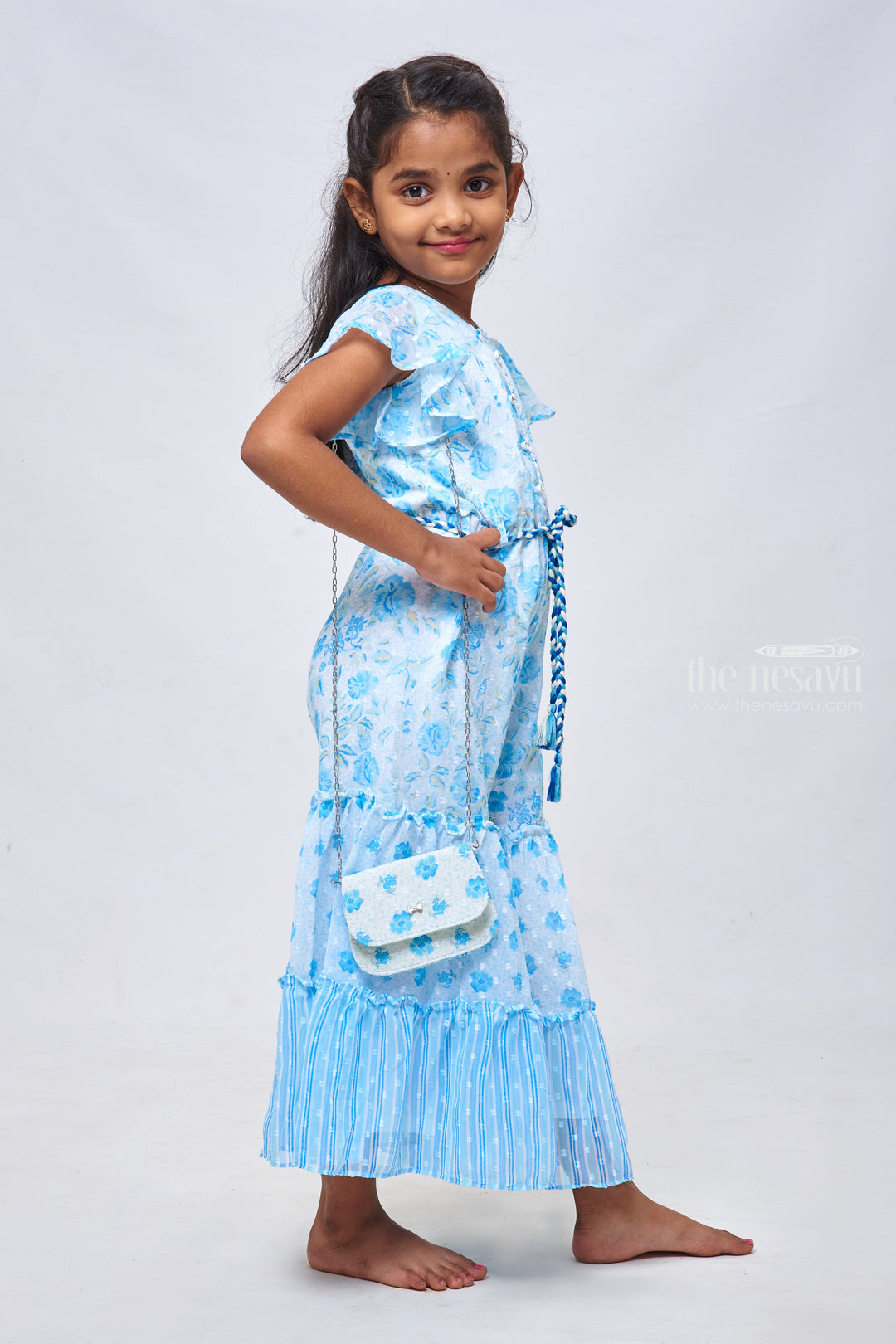 The Nesavu Girls Jumpsuit Floral Printed Blue Jumpsuit with Flare Sleeves: Modern Elegance for Girls Nesavu Jumpsuit for Little Girls | latest Designer Dresses | The Nesavu