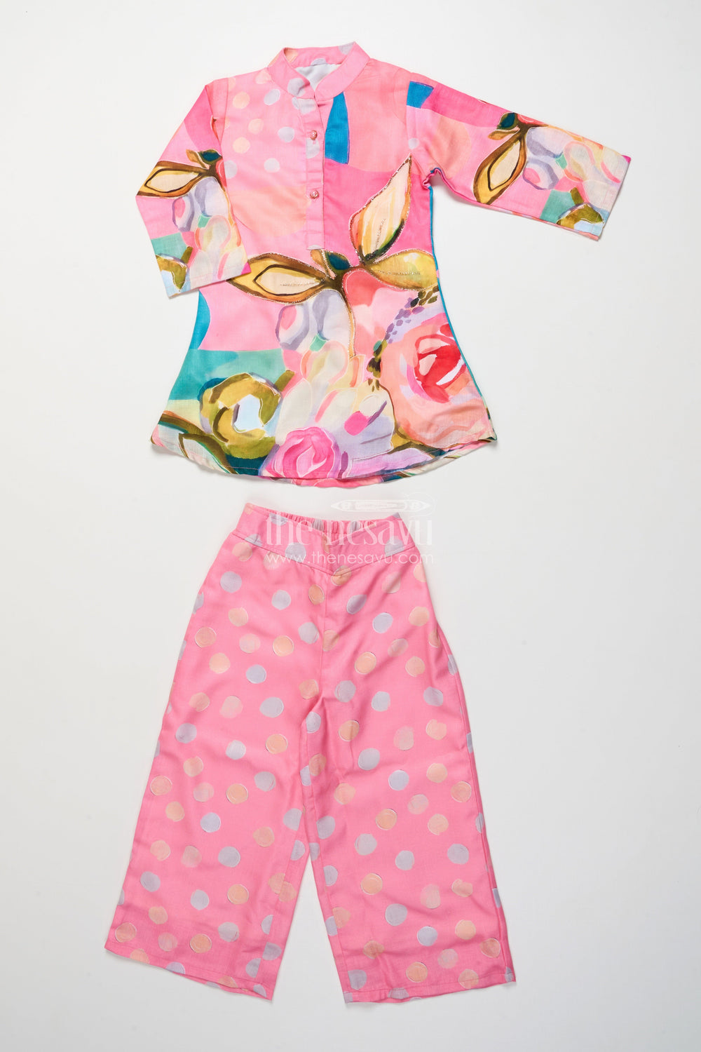 The Nesavu Girls Casual Set Floral Printed Cotton Set with Kurta and Wide-Leg Pants for Casual Wear Nesavu 24 (5Y) / Pink GPS875A-24 Nesavu girls casual cotton kurta set floral digital print wide-leg pants