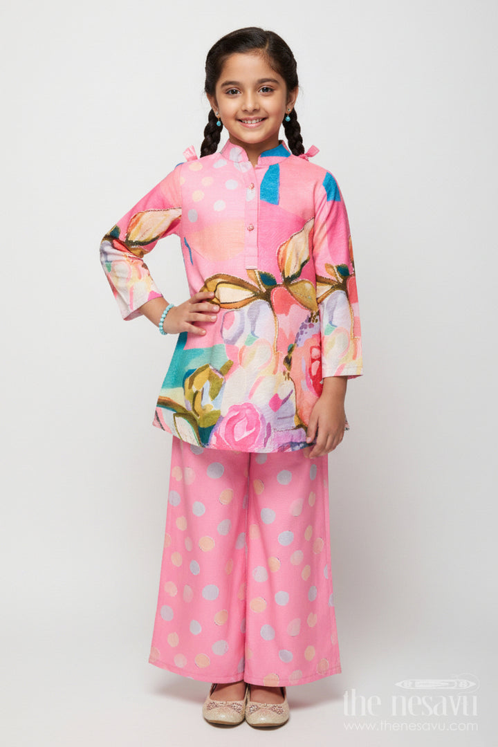 The Nesavu Girls Casual Set Floral Printed Cotton Set with Kurta and Wide-Leg Pants for Casual Wear Nesavu 24 (5Y) / Pink GPS875A-24 Nesavu girls casual cotton kurta set floral digital print wide-leg pants
