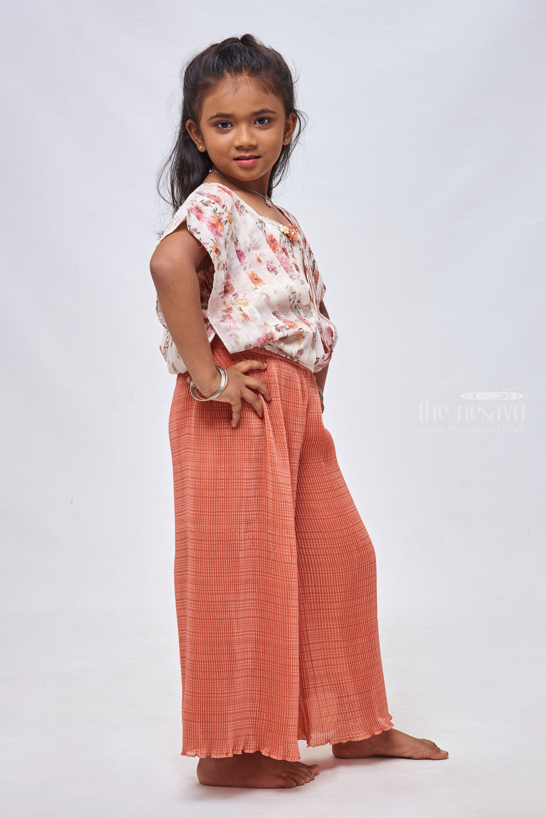 The Nesavu Girls Sharara / Plazo Set Floral Printed Crop Top & Brown Velvet Palazzo: Refined Grace for Girls Nesavu Crop Top With Palazzo Pant | Little Girls Latest Dress Collections | the Nesavu