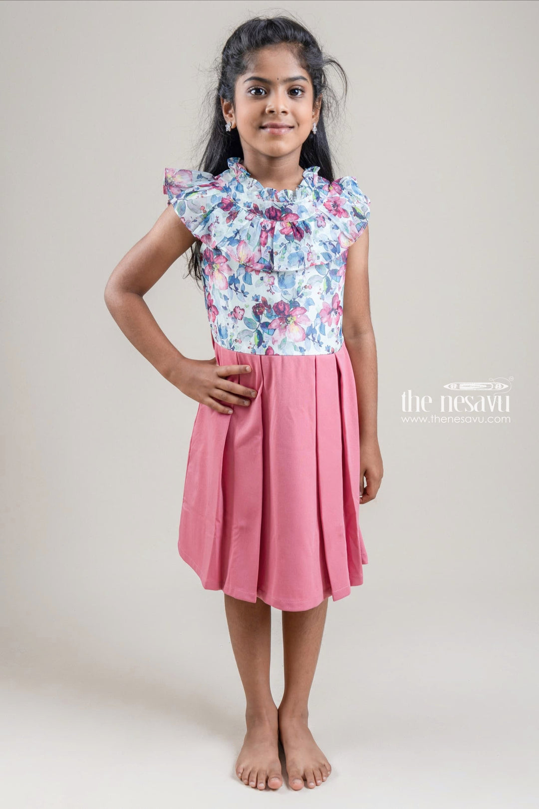 The Nesavu Girls Fancy Frock Floral Printed Flared and Pleated Neck Sleeveless Green Top and Knife Pleated Salmon Pink Skirt with Waist Belt Nesavu 24 (5Y) / Salmon / Chiffon GFC1062A-24 Green Floral Printed Flared Top and Salmon Pink Knife Pleated Skirt for Girls | The Nesavu