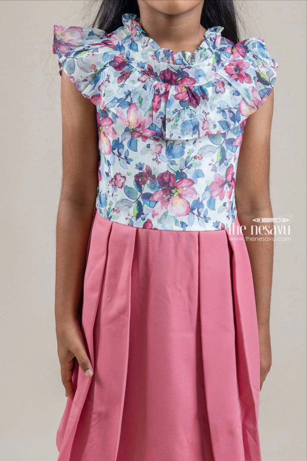 The Nesavu Girls Fancy Frock Floral Printed Flared and Pleated Neck Sleeveless Green Top and Knife Pleated Salmon Pink Skirt with Waist Belt Nesavu Green Floral Printed Flared Top and Salmon Pink Knife Pleated Skirt for Girls | The Nesavu