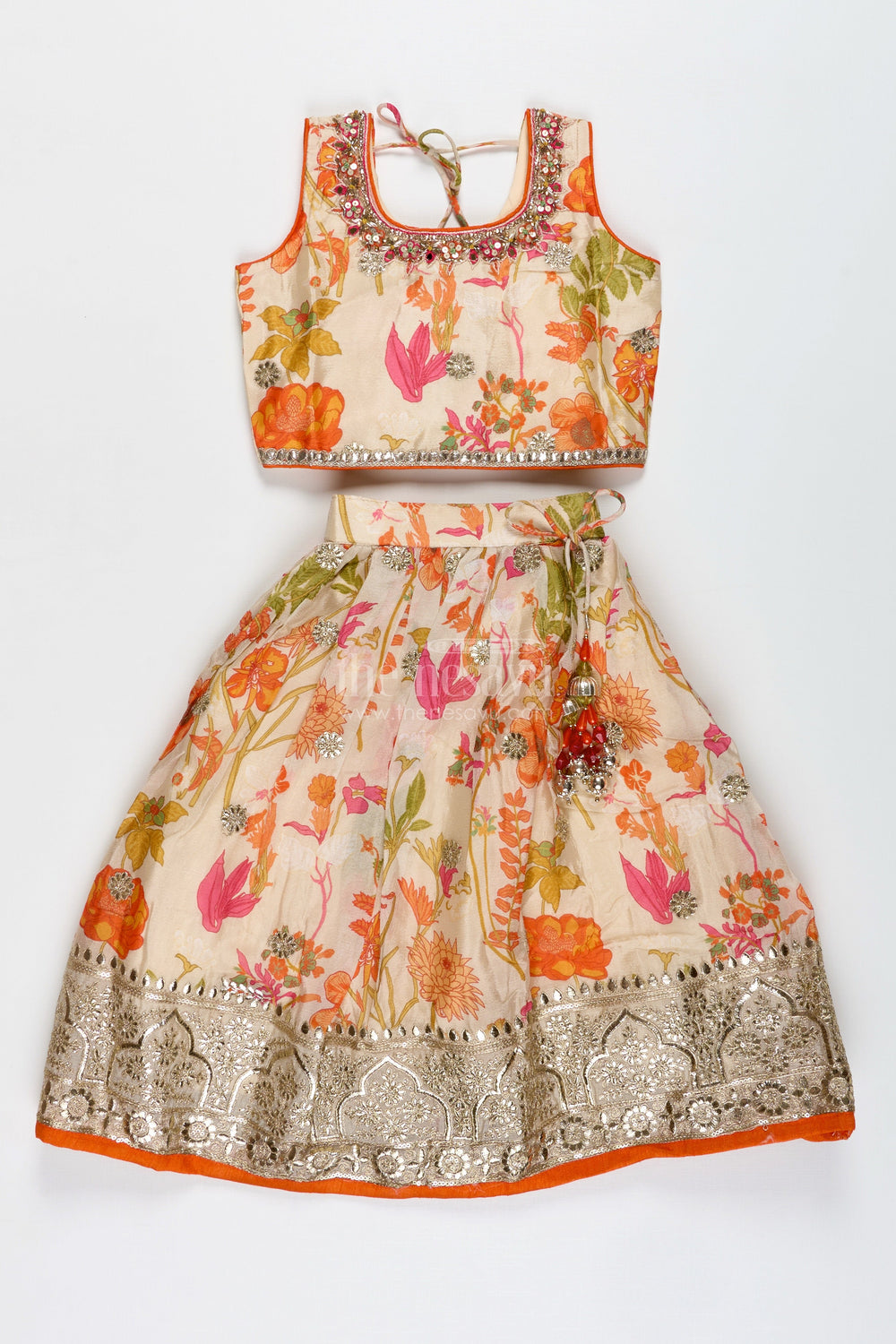 The Nesavu Girls Lehenga Choli Floral Printed Girls Lehenga Choli for Daytime Weddings and Poojas Nesavu 16 (1Y) / Cream GL749A-16 Nesavu Floral Printed Lehenga Choli Girls Ivory Silk Outfit Poojas Summer Weddings