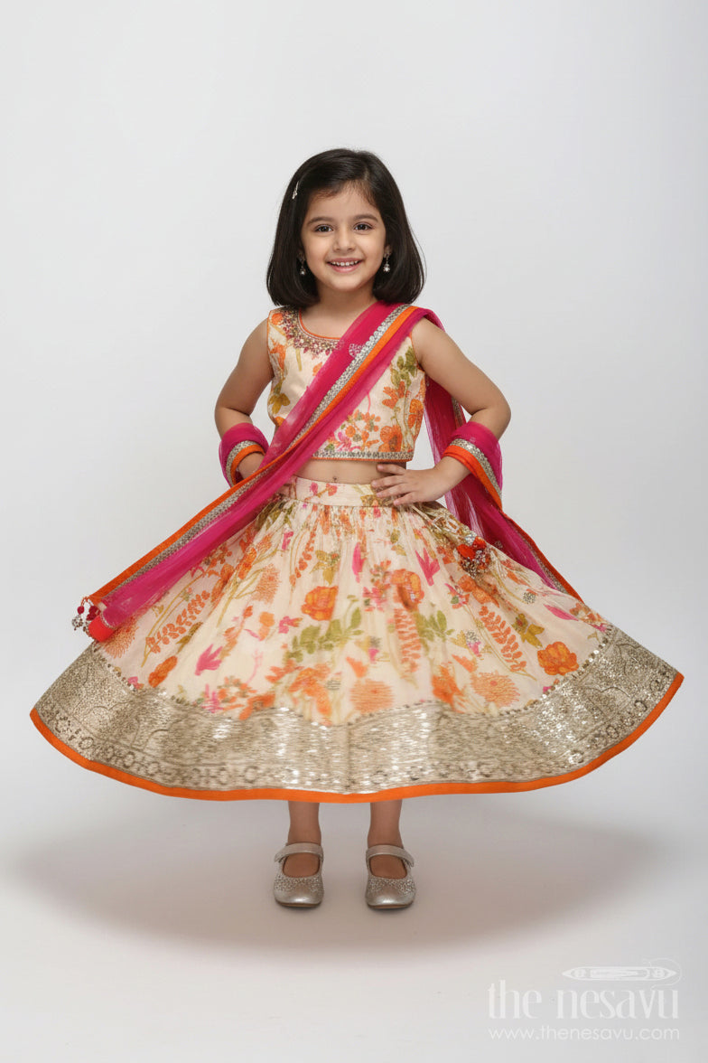 The Nesavu Girls Lehenga Choli Floral Printed Girls Lehenga Choli for Daytime Weddings and Poojas Nesavu 16 (1Y) / Cream GL749A-16 Nesavu Floral Printed Lehenga Choli Girls Ivory Silk Outfit Poojas Summer Weddings