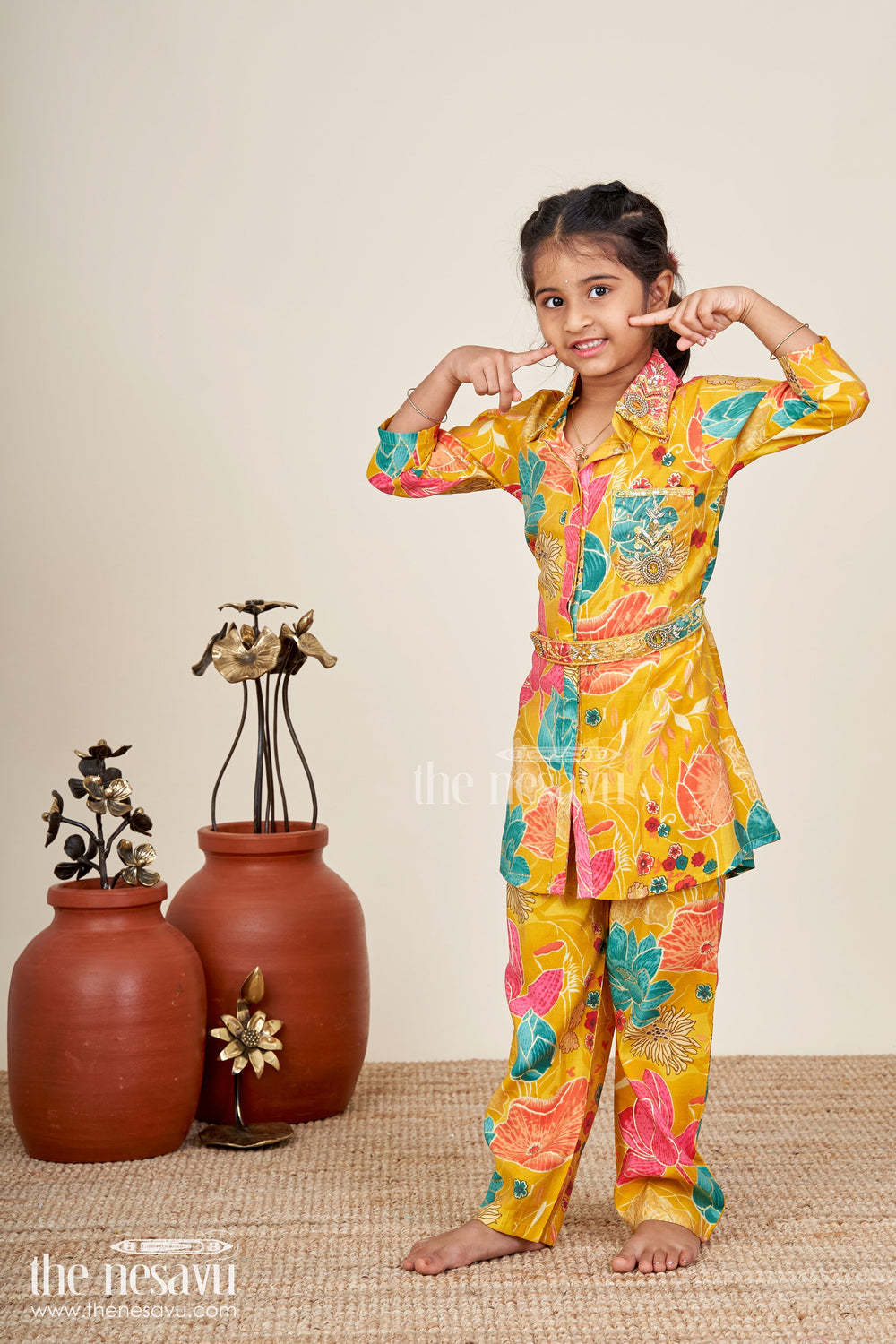 The Nesavu Girls Sharara / Plazo Set Floral printed girls sharara set in viscose modal silk Nesavu 24 (5Y) / Yellow GPS818A-24 Nesavu girls yellow sharara set with floral digital print in modal silk