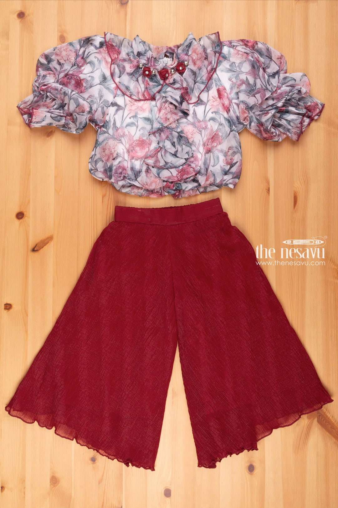 The Nesavu Girls Sharara / Plazo set Floral Printed Grey Crop Top & Red Palazzo: Timeless Beauty for Girls Nesavu 18 (2Y) / Gray / Velvet GPS179A-18 Printed Crop Top With Palazzo Pant for Girls | Diwali and Festive Collections | the Nesavu