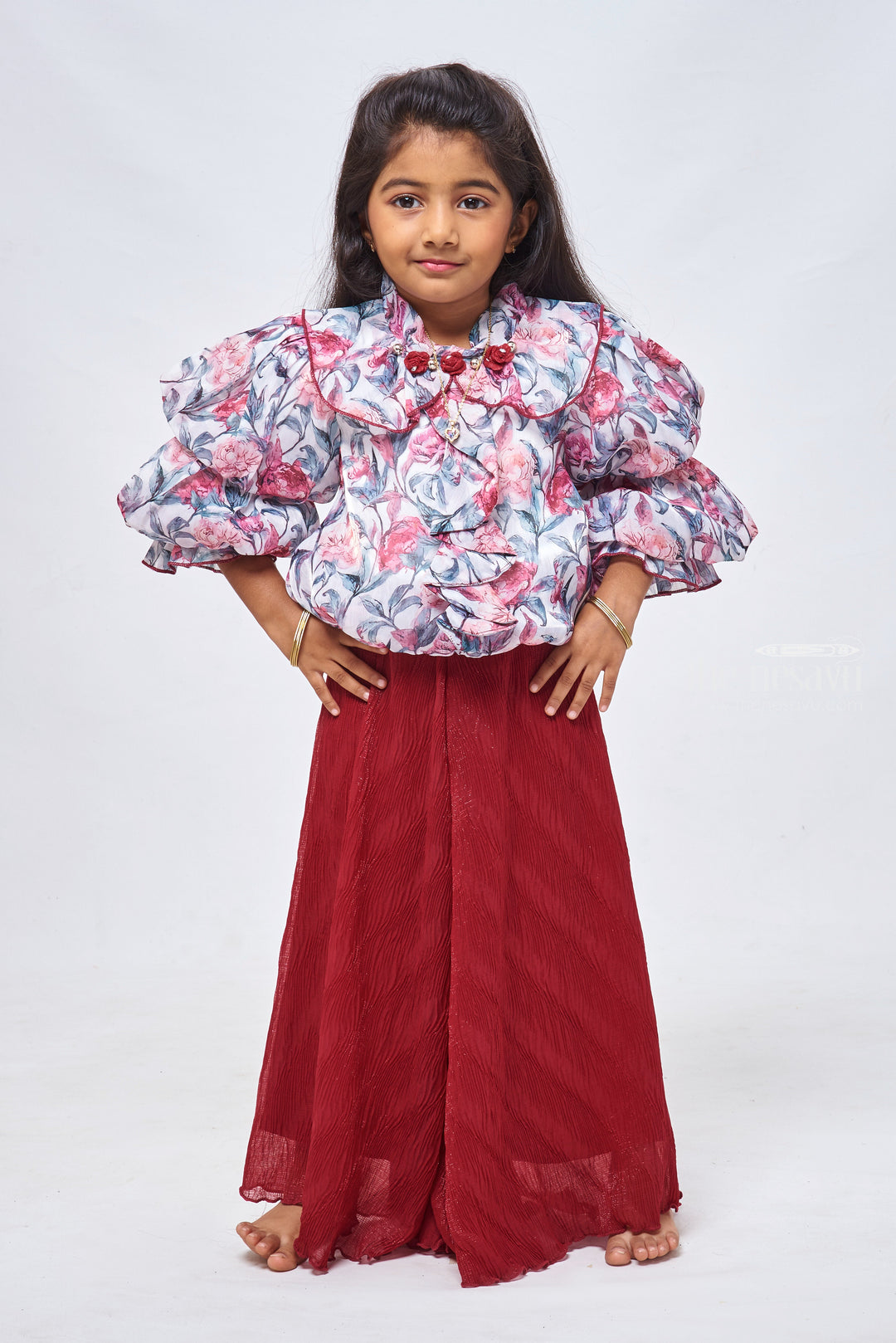 The Nesavu Girls Sharara / Plazo Set Floral Printed Grey Crop Top & Red Palazzo: Timeless Beauty for Girls Nesavu 18 (2Y) / Gray / Velvet GPS179A-18 Printed Crop Top With Palazzo Pant for Girls | Diwali and Festive Collections | the Nesavu