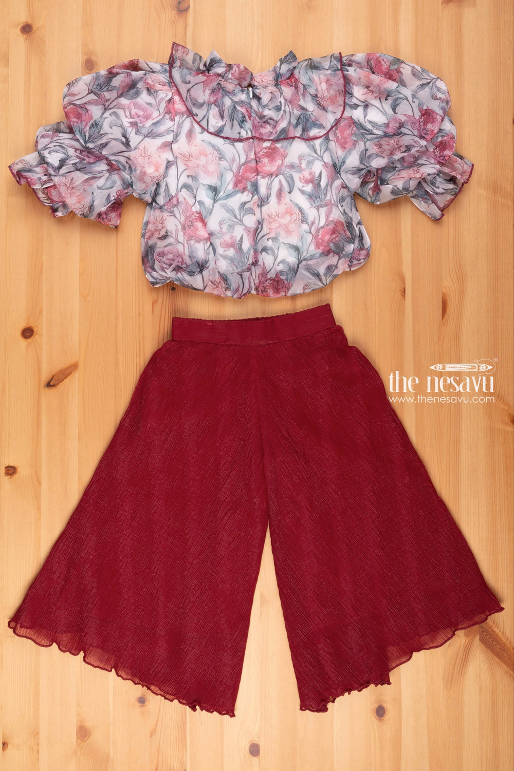 The Nesavu Girls Sharara / Plazo set Floral Printed Grey Crop Top & Red Palazzo: Timeless Beauty for Girls Nesavu Printed Crop Top With Palazzo Pant for Girls | Diwali and Festive Collections | the Nesavu