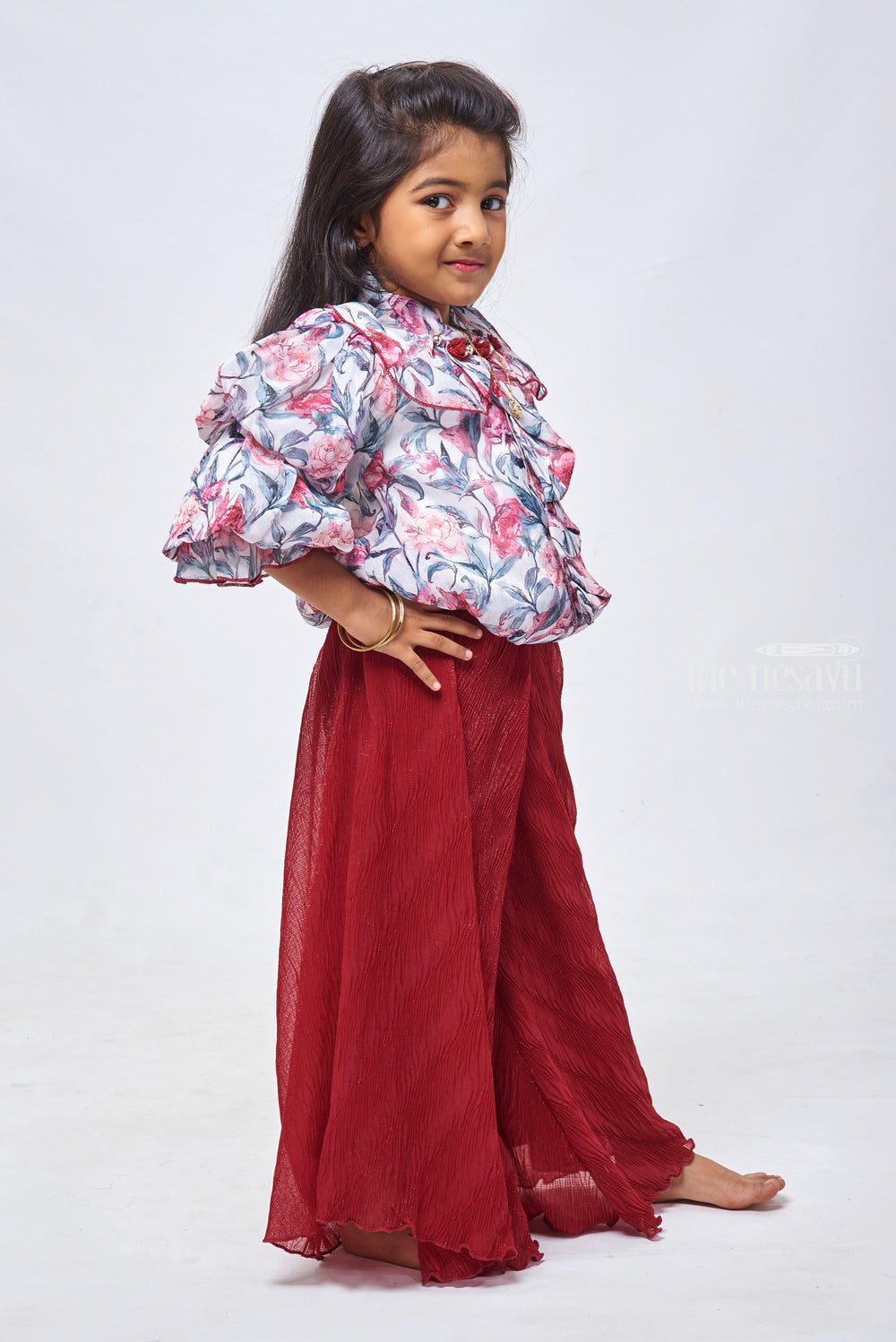 The Nesavu Girls Sharara / Plazo Set Floral Printed Grey Crop Top & Red Palazzo: Timeless Beauty for Girls Nesavu Printed Crop Top With Palazzo Pant for Girls | Diwali and Festive Collections | the Nesavu