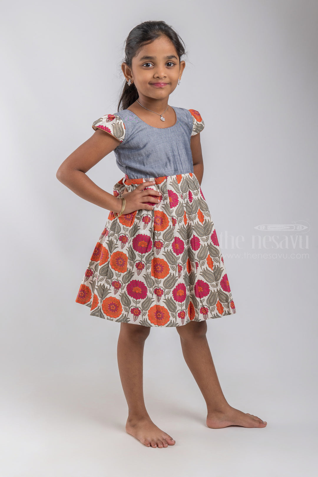 The Nesavu Girls Cotton Frock Floral Printed Knife Pleated White Cotton Frock With Gray Yoke For Girls psr silks Nesavu