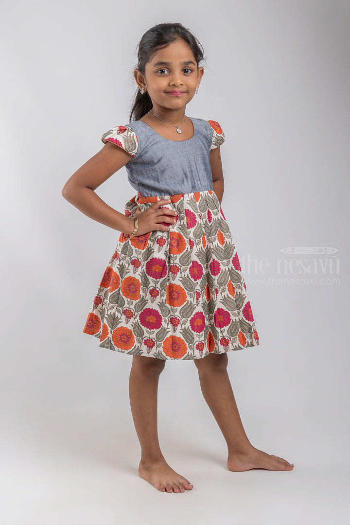The Nesavu Girls Cotton Frock Floral Printed Knife Pleated White Cotton Frock With Gray Yoke For Girls psr silks Nesavu