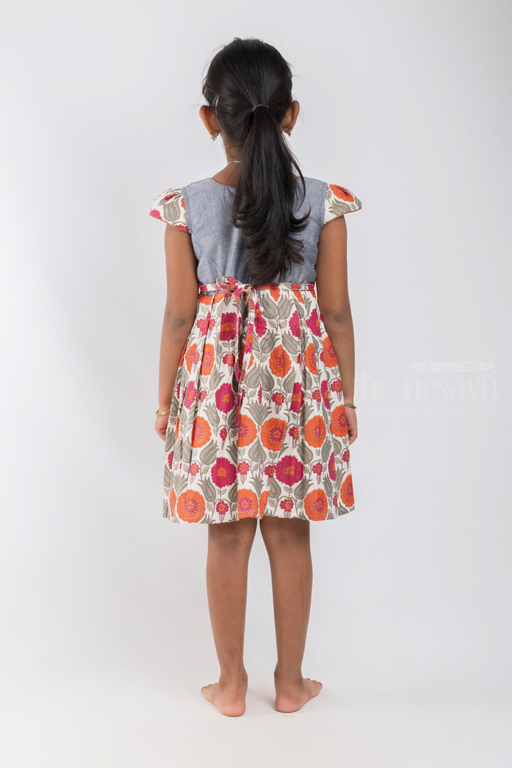 The Nesavu Girls Cotton Frock Floral Printed Knife Pleated White Cotton Frock With Gray Yoke For Girls psr silks Nesavu
