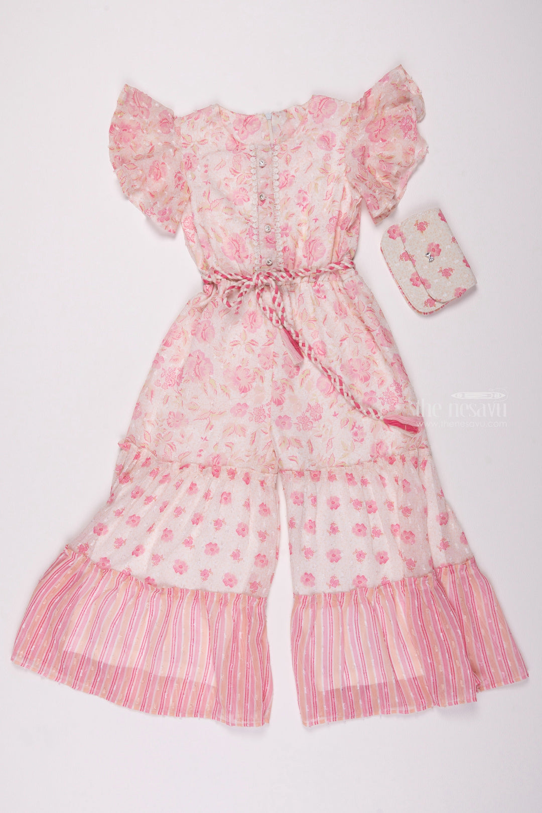 The Nesavu Girls Jumpsuit Floral Printed Pink Jumpsuit with Flare Sleeves: Stylish Charm for Girls Nesavu 24 (5Y) / Pink / Georgette GPS182B-24 Designer Jumpsuit for Girls | Stylish & Trendy Collections | The Nesavu
